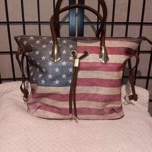 American Flag Print Tote Bag - Brown Trim